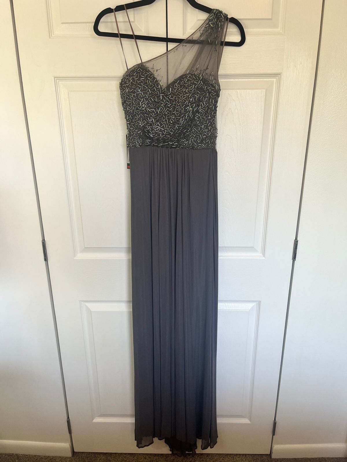 Style 21239 La Femme Size 4 One Shoulder Sheer Gray A-line Dress on Queenly
