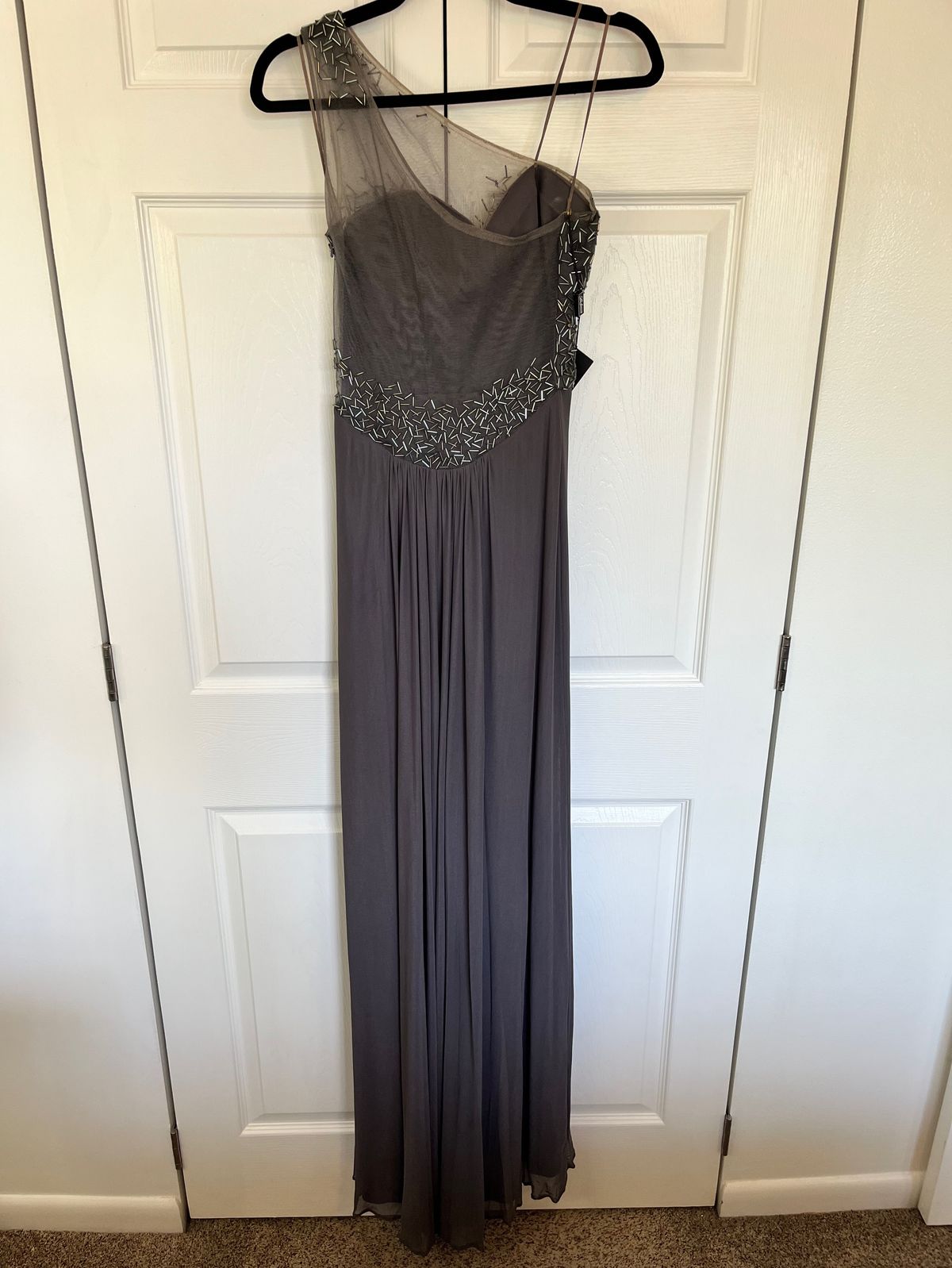 Style 21239 La Femme Size 4 One Shoulder Sheer Gray A-line Dress on Queenly