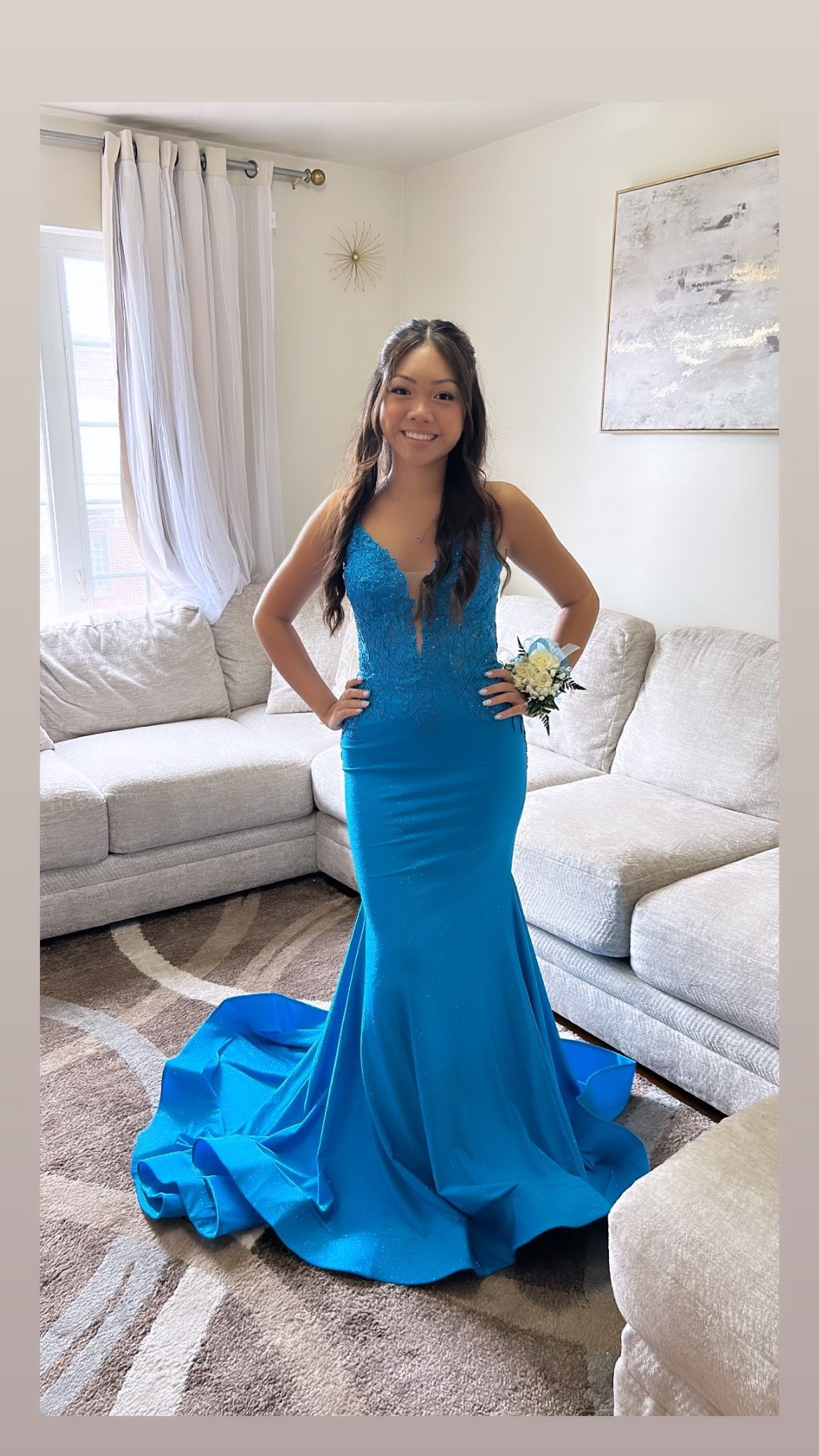 Style 88626 Amarra Size 0 Prom Plunge Blue Mermaid Dress on Queenly