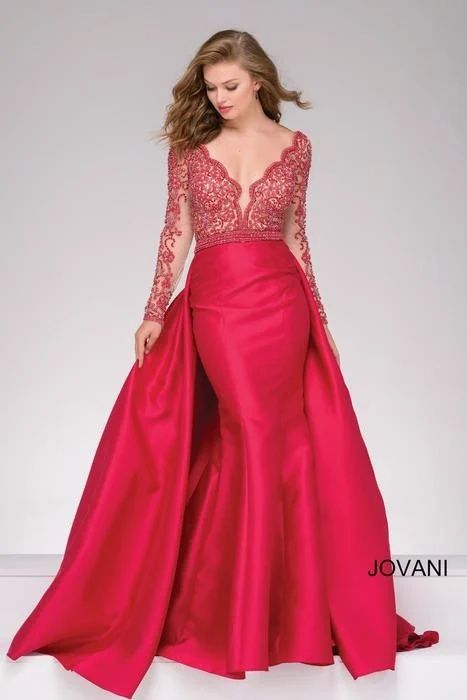 Style 46708 Jovani Size 4 Plunge Sheer Red Mermaid Dress on Queenly