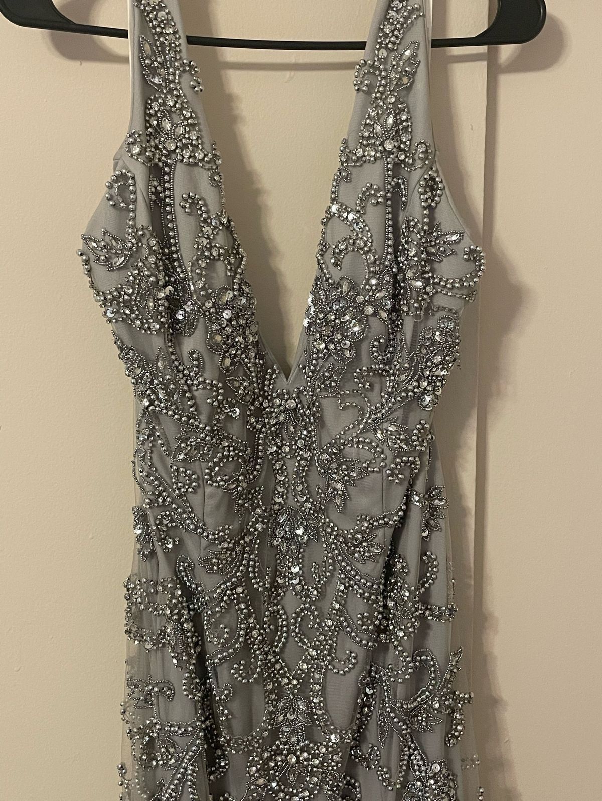 Terani Couture Size 12 Prom Plunge Sequined Silver Side Slit Dress on Queenly