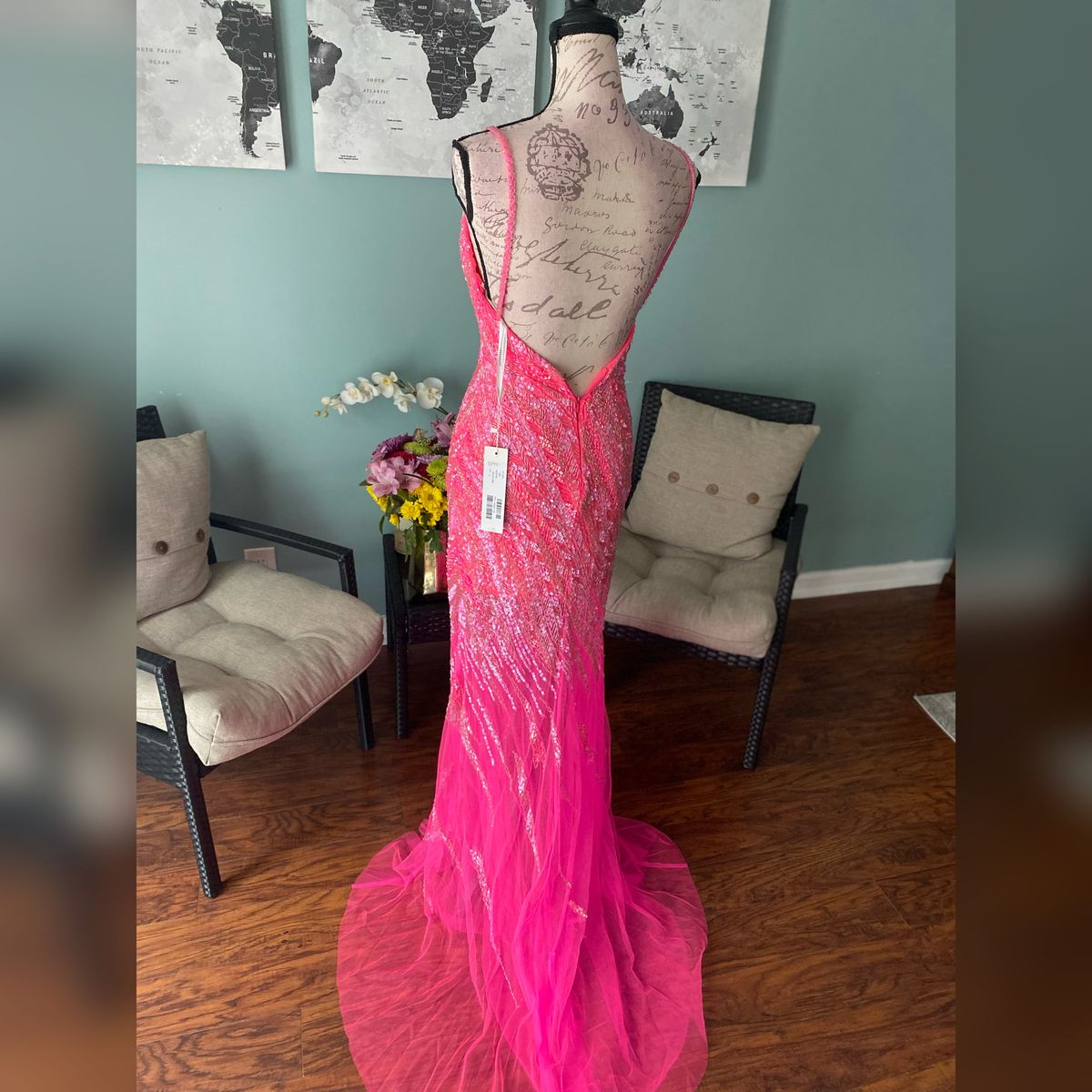 Style 04195 Jovani Size 2 Prom Plunge Sheer Hot Pink Mermaid Dress on Queenly