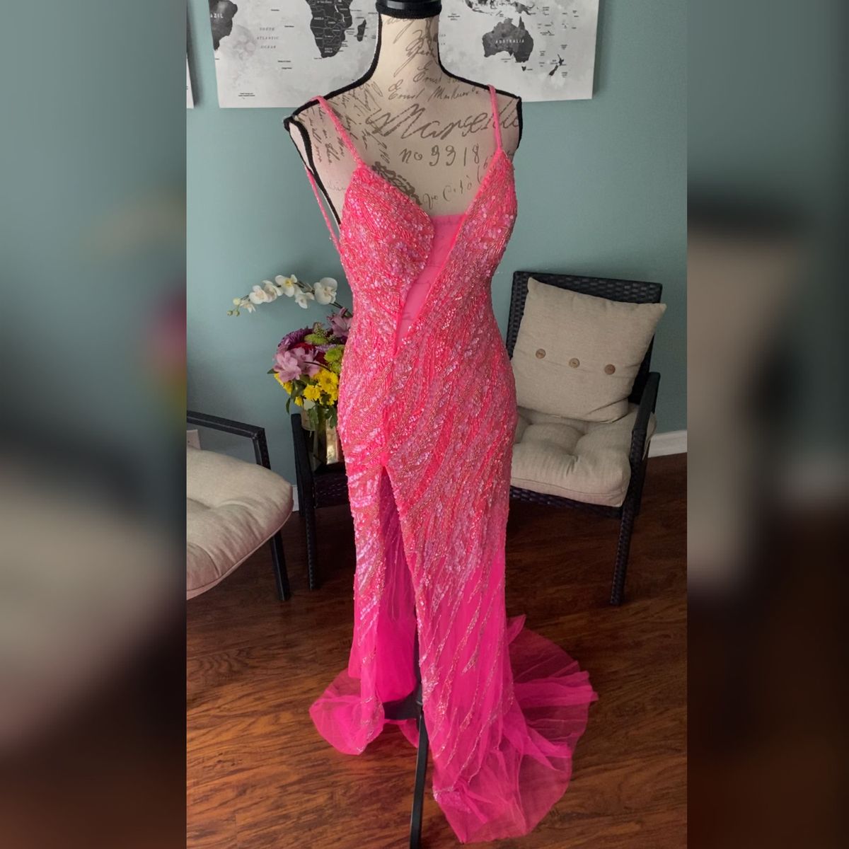 Style 04195 Jovani Size 2 Prom Plunge Sheer Hot Pink Mermaid Dress on Queenly