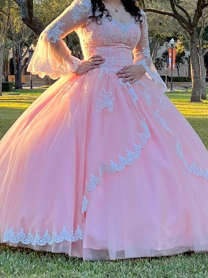 Size 12 Long Sleeve Pink Ball Gown on Queenly