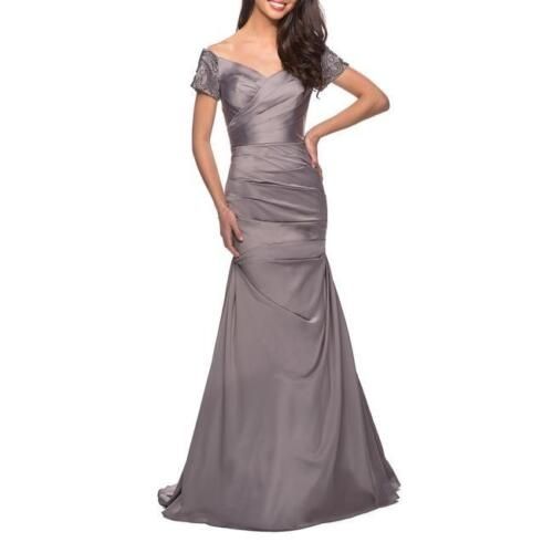 La Femme Plus Size 18 Off The Shoulder Satin Silver Ball Gown on Queenly