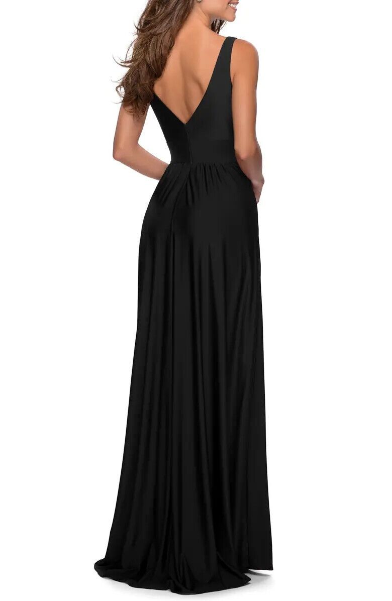 La Femme Size 6 Plunge Black Side Slit Dress on Queenly
