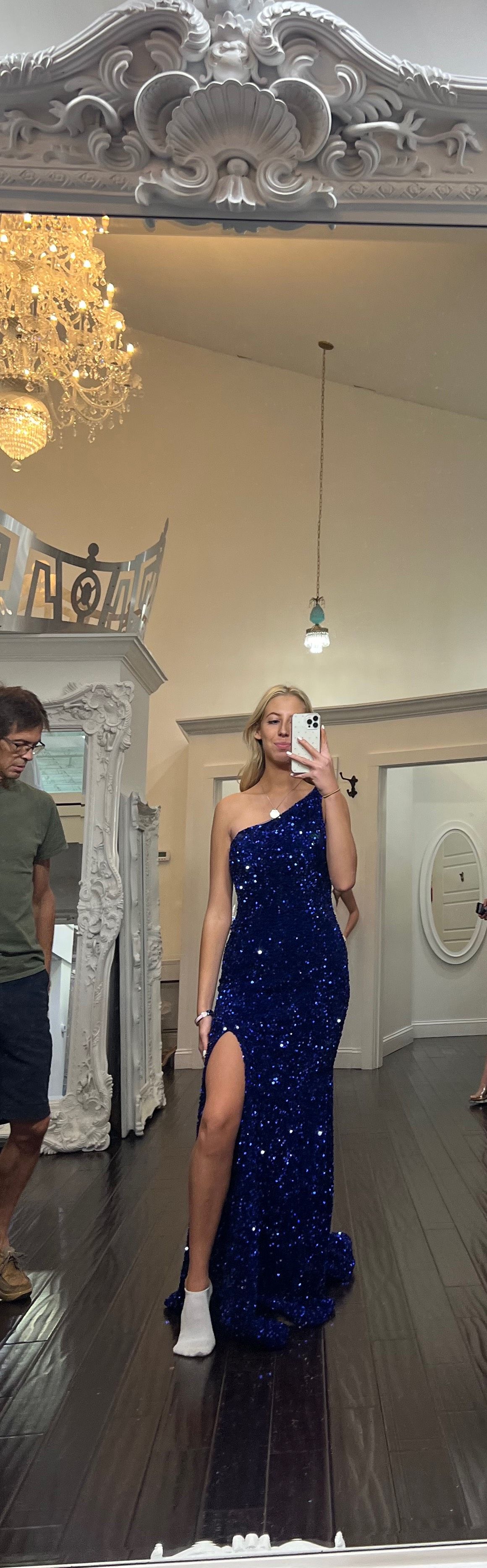 Sherri Hill Size 6 Prom One Shoulder Blue Side Slit Dress on Queenly