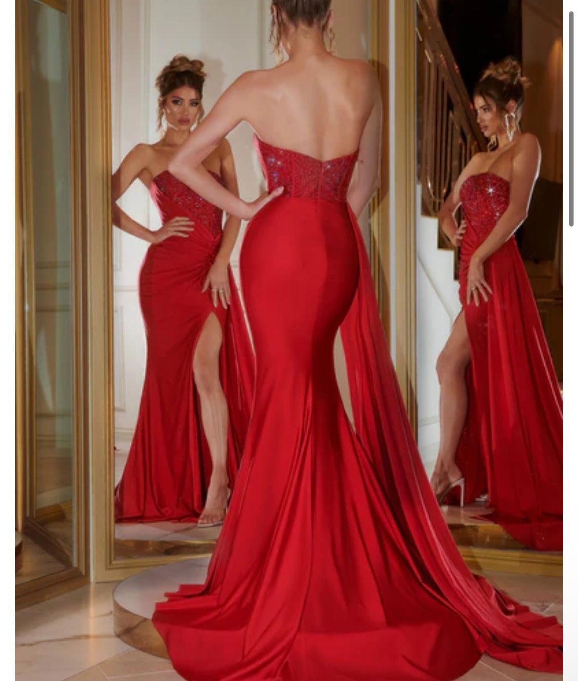 Style  PS22157 RED Portia and Scarlett Size 8 Prom Strapless Red Side Slit Dress on Queenly