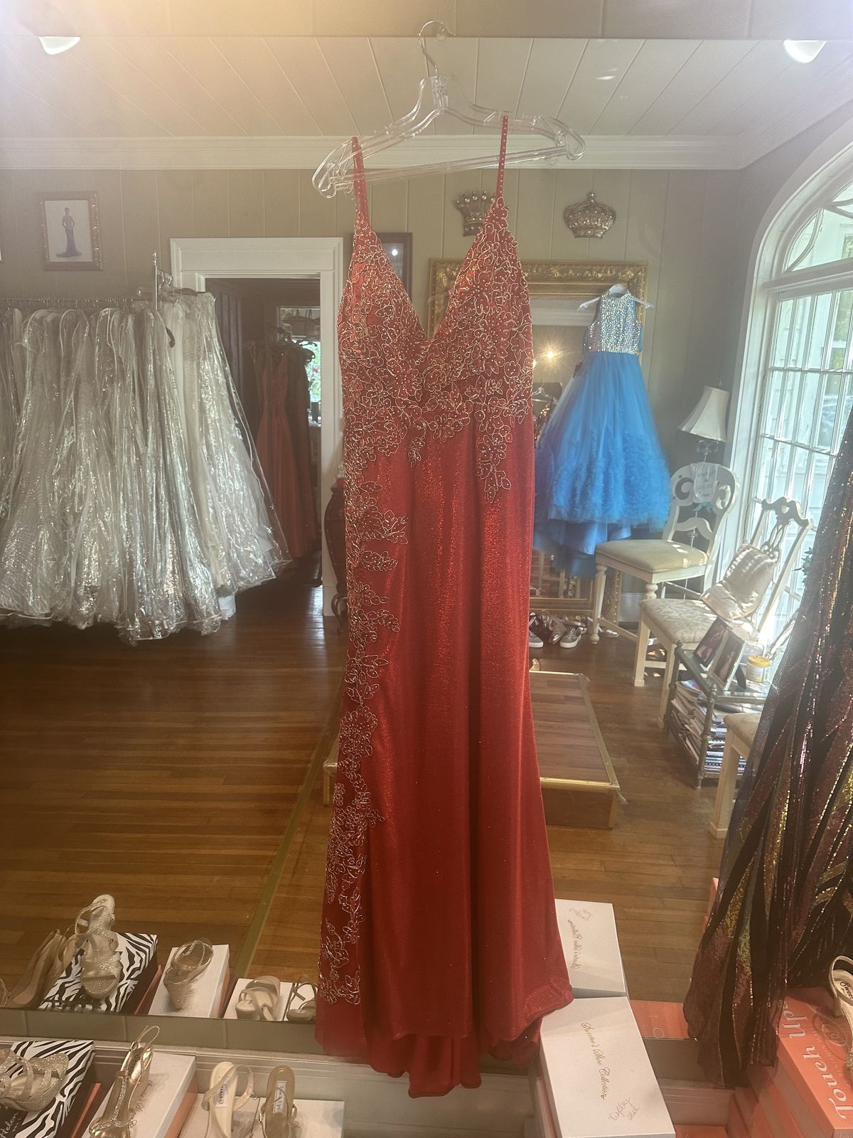 Style JVN2205A JVN Jovani Size 8 Pageant Plunge Red Floor Length Maxi on Queenly