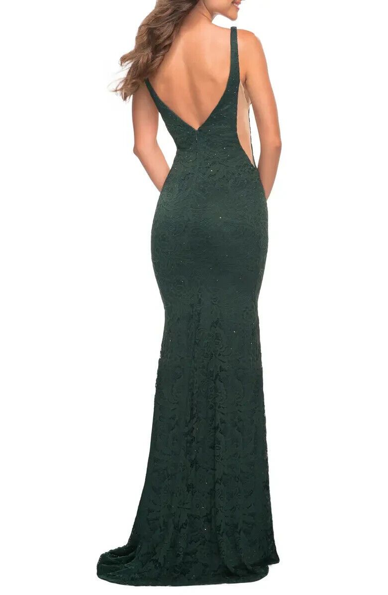 La Femme Size 2 Plunge Lace Emerald Green Mermaid Dress on Queenly