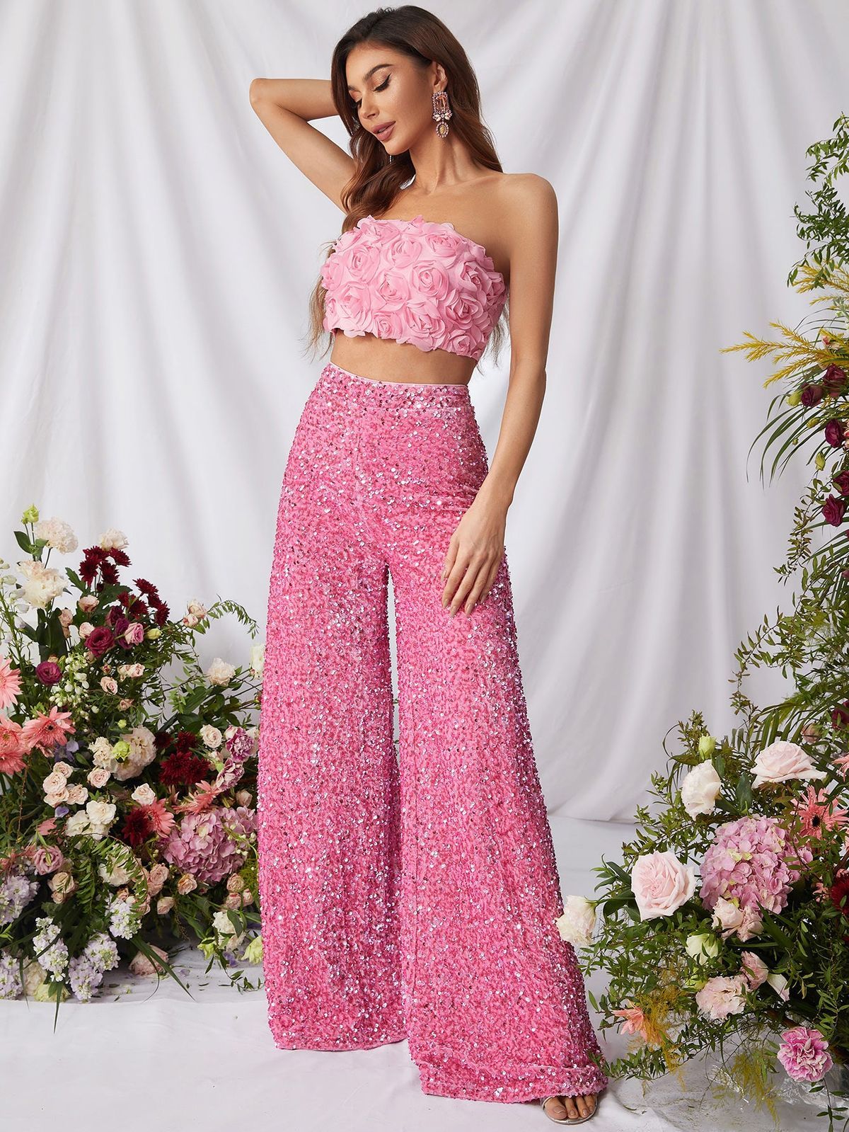 Style FSWU0357 Faeriesty Size S Nightclub Strapless Sequined Pink Formal Jumpsuit on Queenly