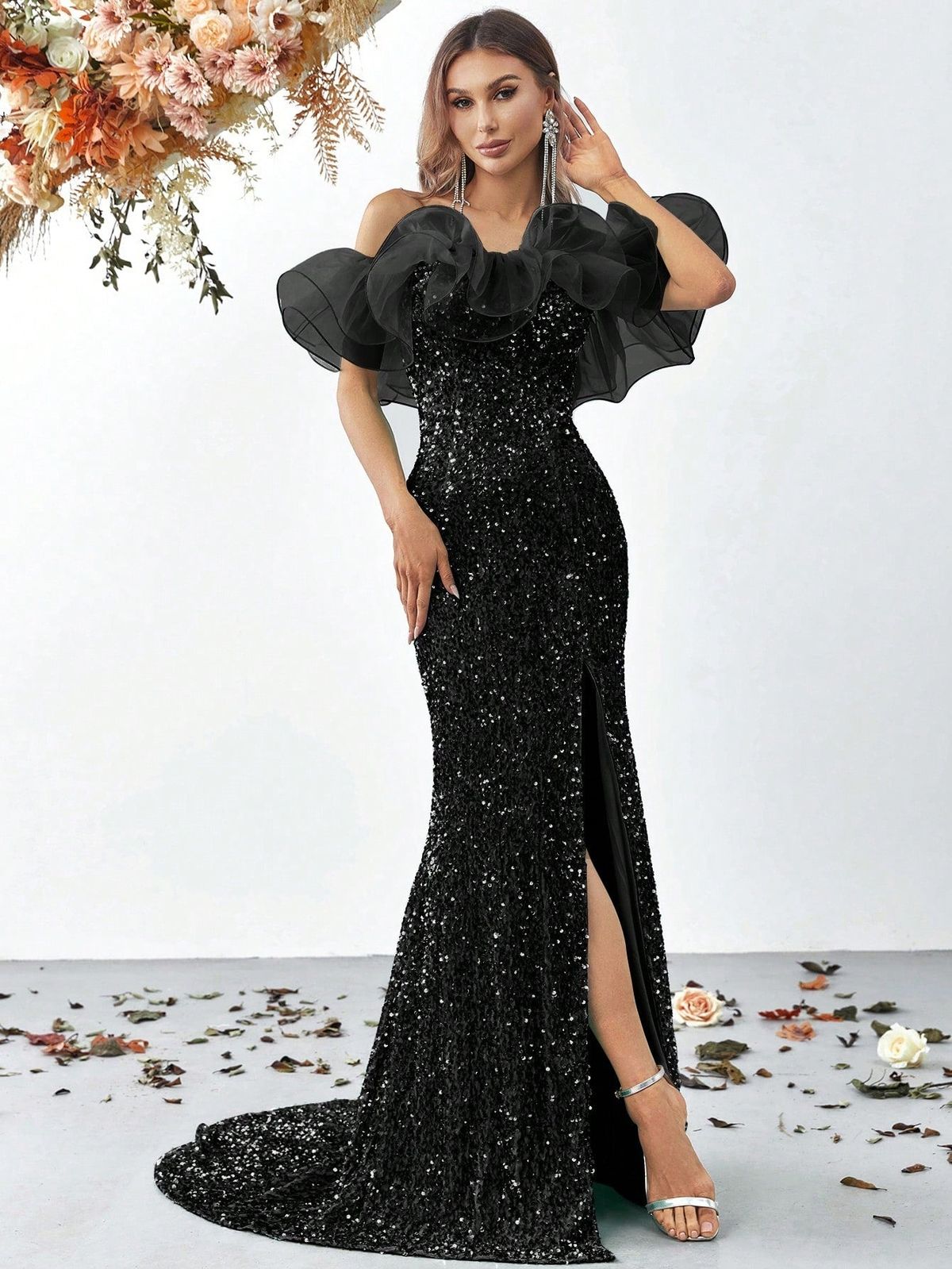 Style FSWD0640 Faeriesty Size S Off The Shoulder Sheer Black Mermaid Dress on Queenly