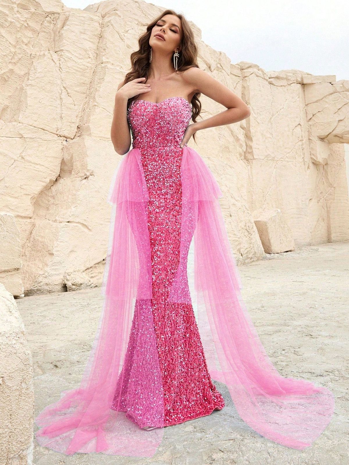 Style FSWD1115 Faeriesty Size M Sheer Pink Mermaid Dress on Queenly