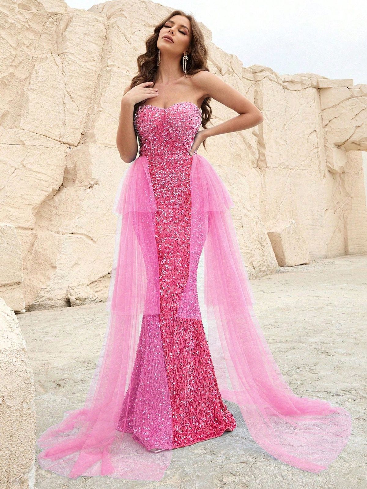 Style FSWD1115 Faeriesty Size L Sheer Pink Mermaid Dress on Queenly