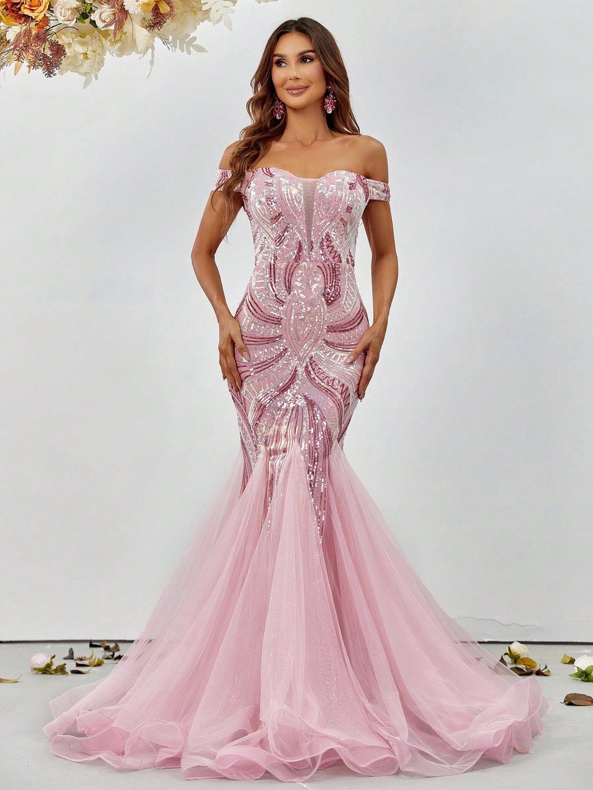 Style FSWD1159 Faeriesty Size M Nightclub Off The Shoulder Sheer Pink Mermaid Dress on Queenly