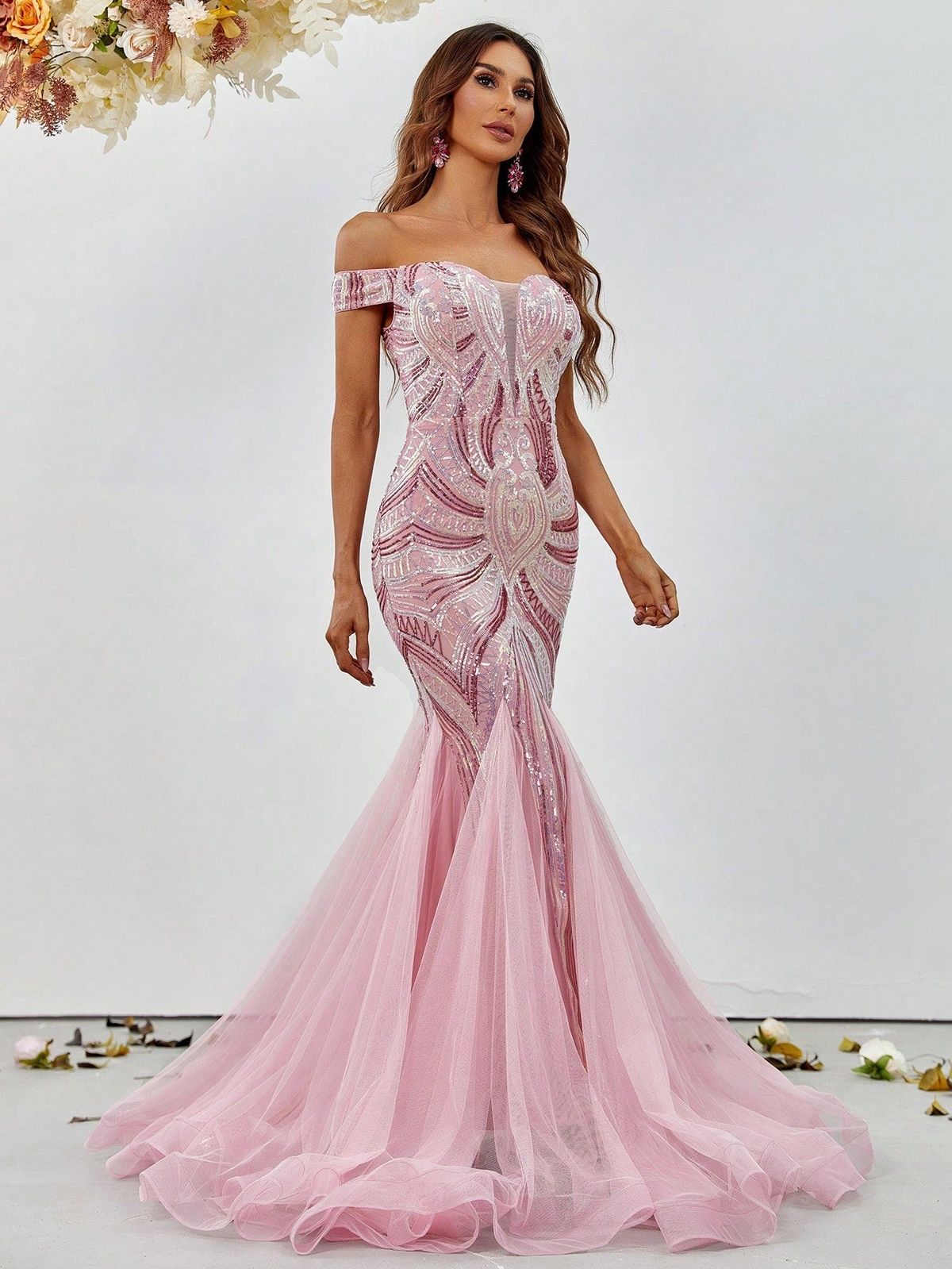Style FSWD1159 Faeriesty Size M Nightclub Off The Shoulder Sheer Pink Mermaid Dress on Queenly