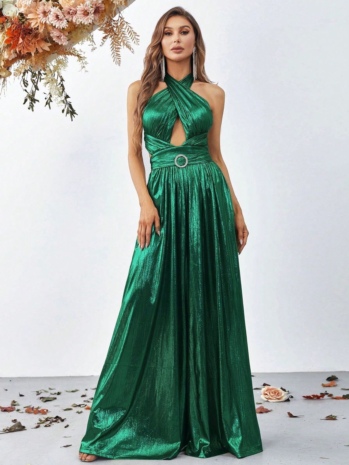 Style FSWB7007 Faeriesty Size XL Halter Green Formal Jumpsuit on Queenly