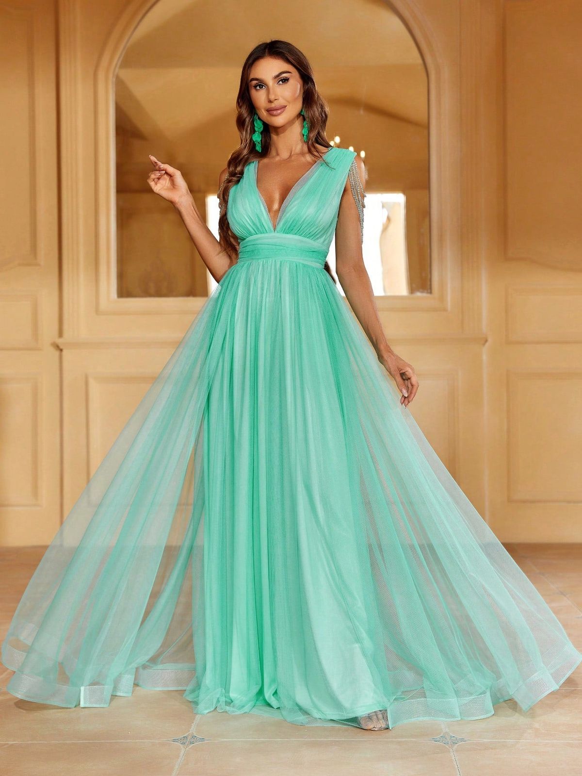 Style FSWD0898 Faeriesty Size S Plunge Sheer Light Green Floor Length Maxi on Queenly