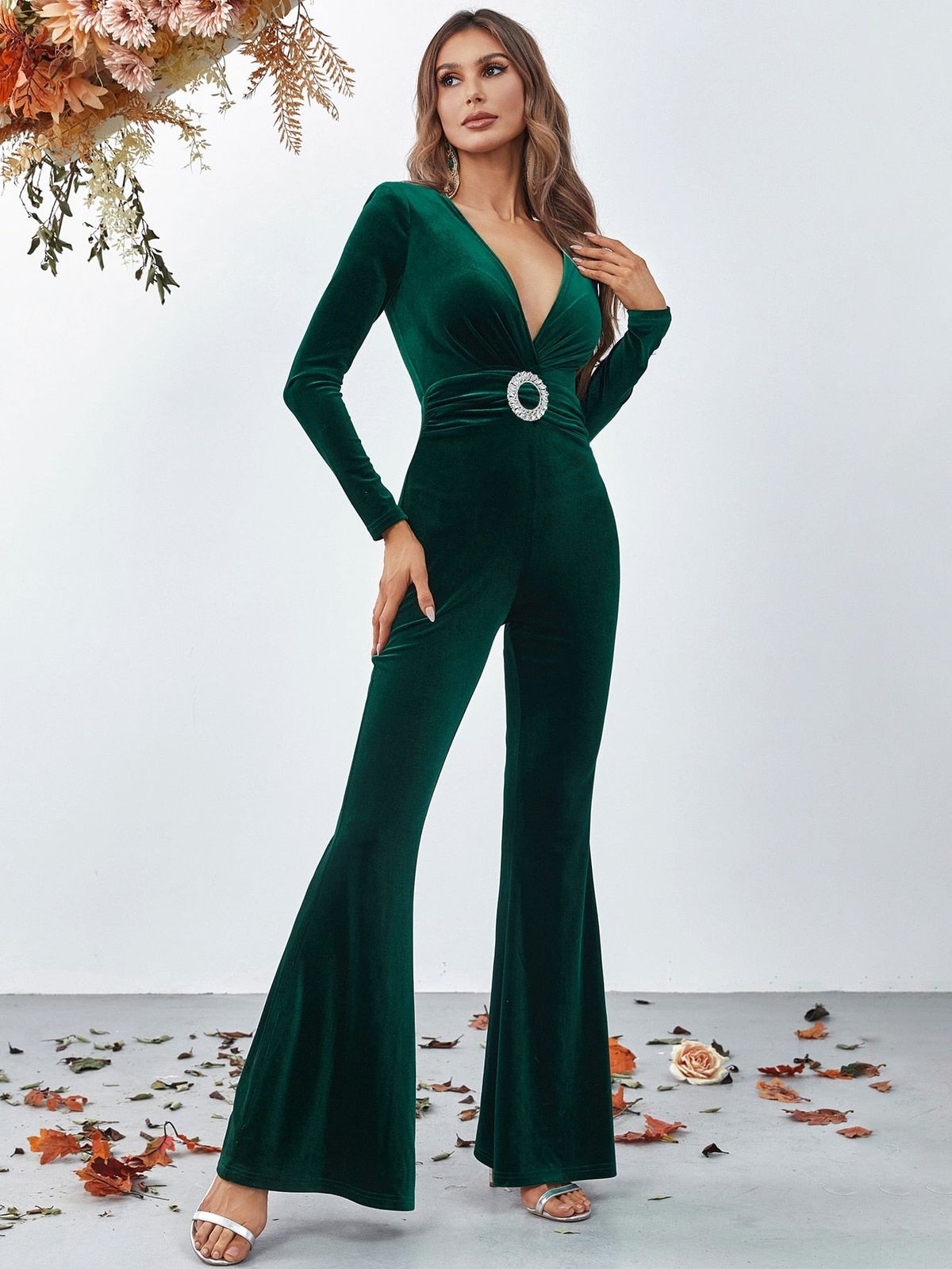 Style FSWB7020 Faeriesty Size S Plunge Velvet Green Formal Jumpsuit on Queenly