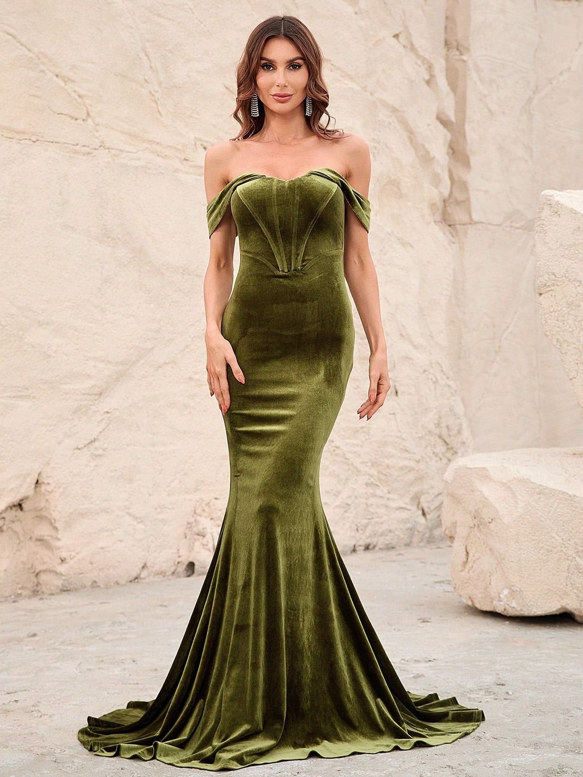 Style FSWD0911 Faeriesty Size XS Off The Shoulder Velvet Green Mermaid Dress on Queenly