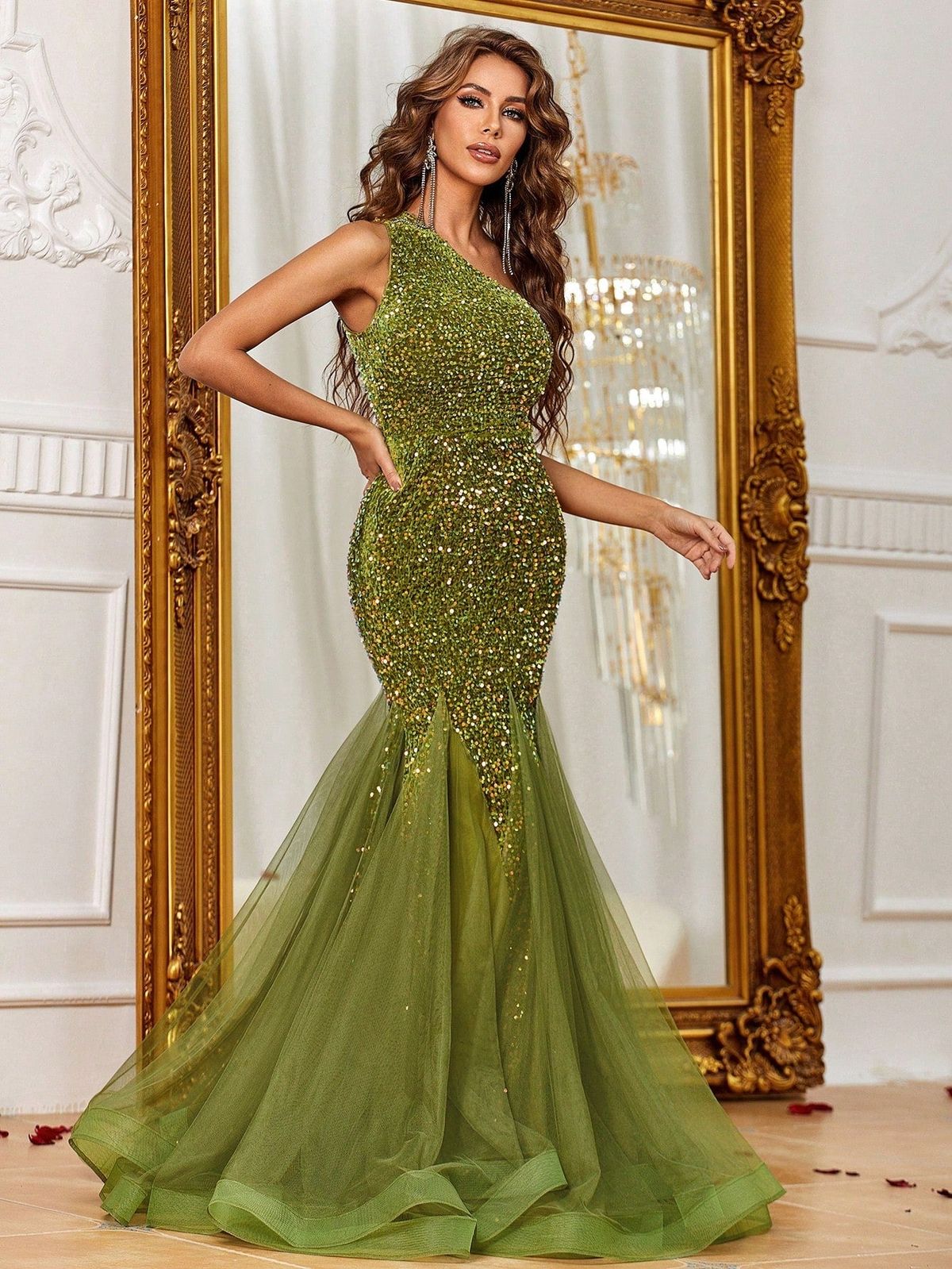 Style FSWD1150 Faeriesty Size XS One Shoulder Sheer Green Mermaid Dress on Queenly