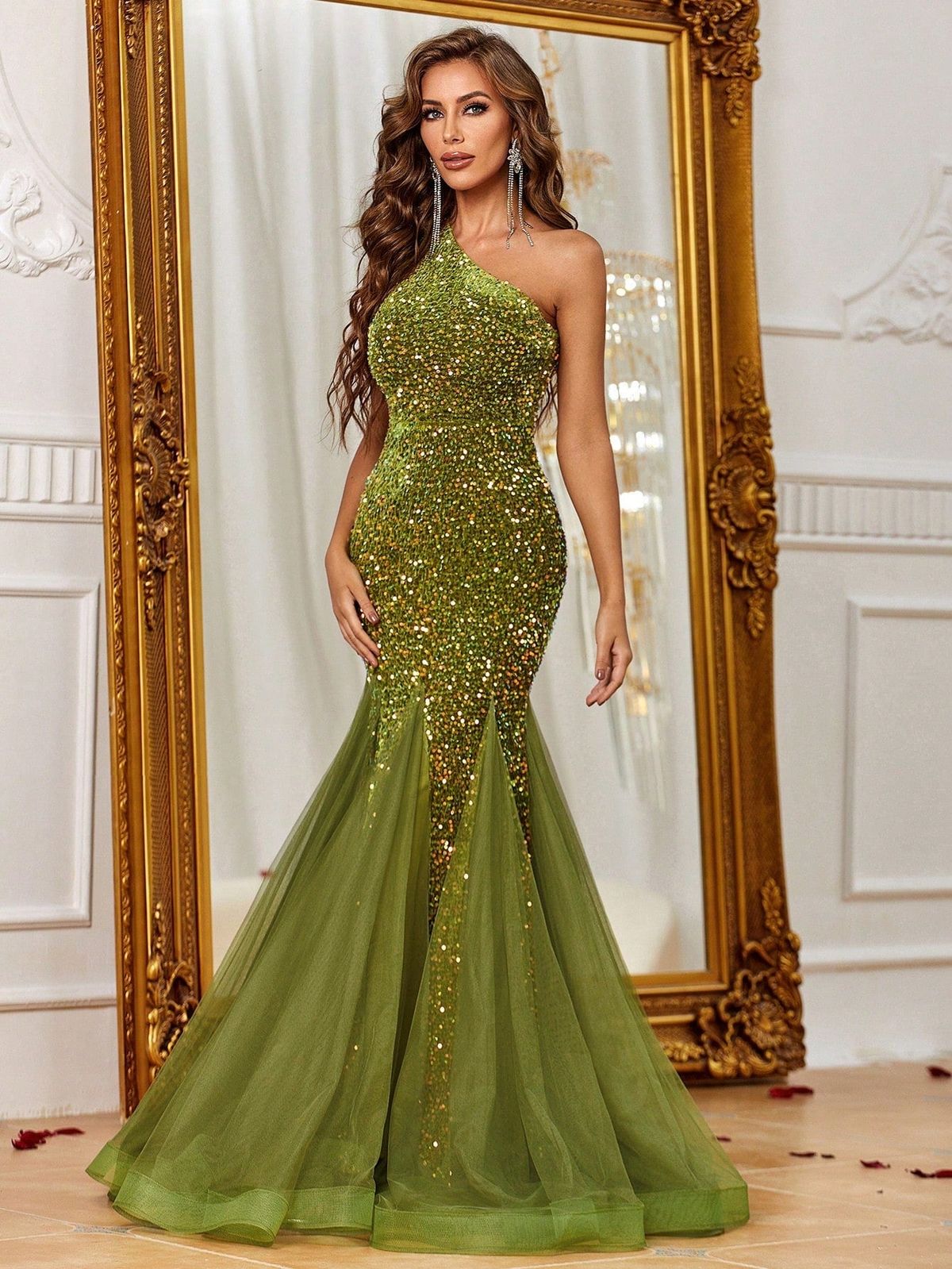 Style FSWD1150 Faeriesty Size XS One Shoulder Sheer Green Mermaid Dress on Queenly