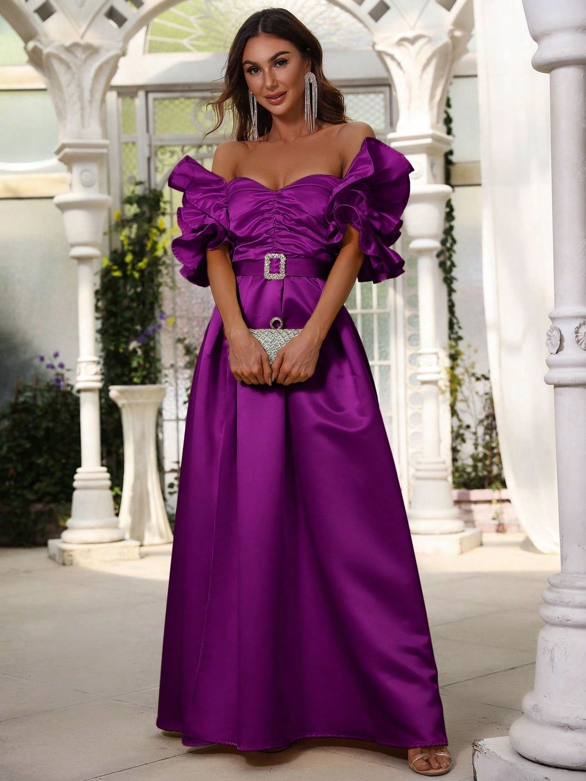Simple V Neck Backless Purple Satin Long Prom Dresses, V Neck Purple F –  Shiny Party