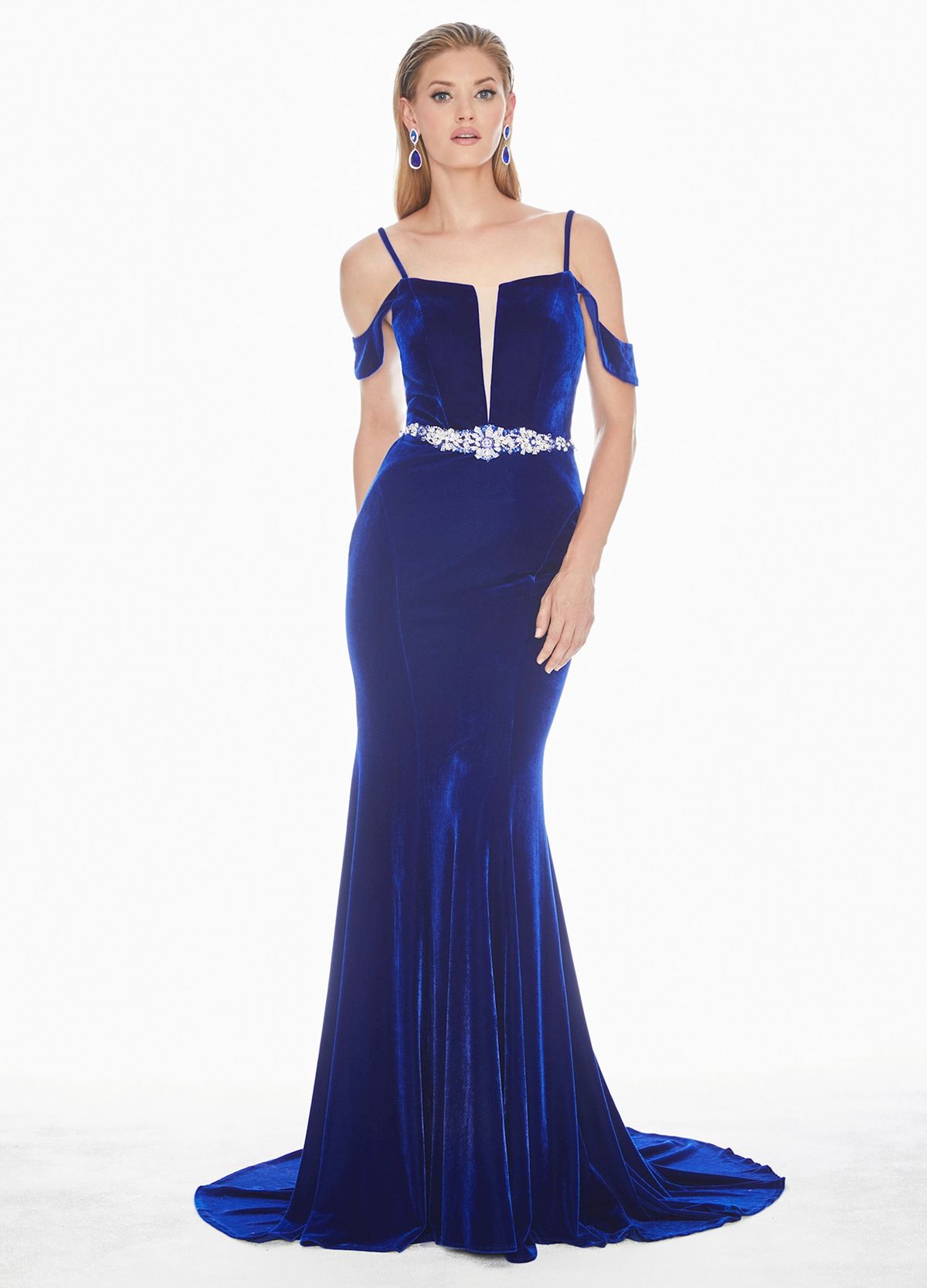 Style 1473 Ashley Lauren Size 12 Off The Shoulder Velvet Blue Mermaid Dress on Queenly