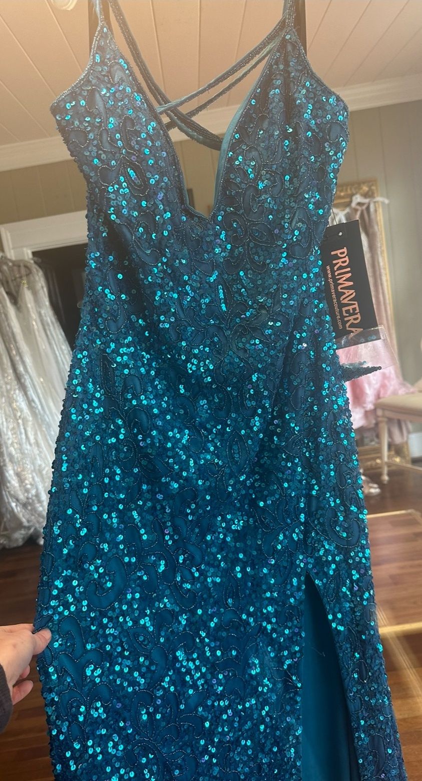 Style 3295 Primavera Plus Size 16 Plunge Blue Side Slit Dress on Queenly