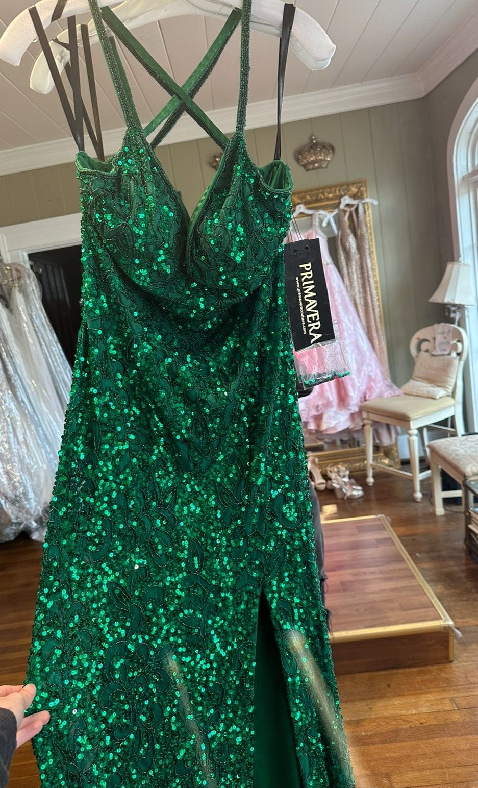 Style 3295 Primavera Size 14 Plunge Emerald Green Side Slit Dress on Queenly