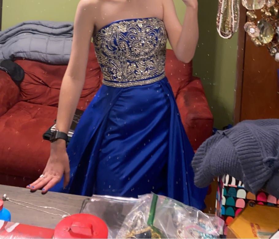Style 5036 Rachel Allan Size 4 Prom Strapless Sequined Royal Blue Dress With Train on Queenly