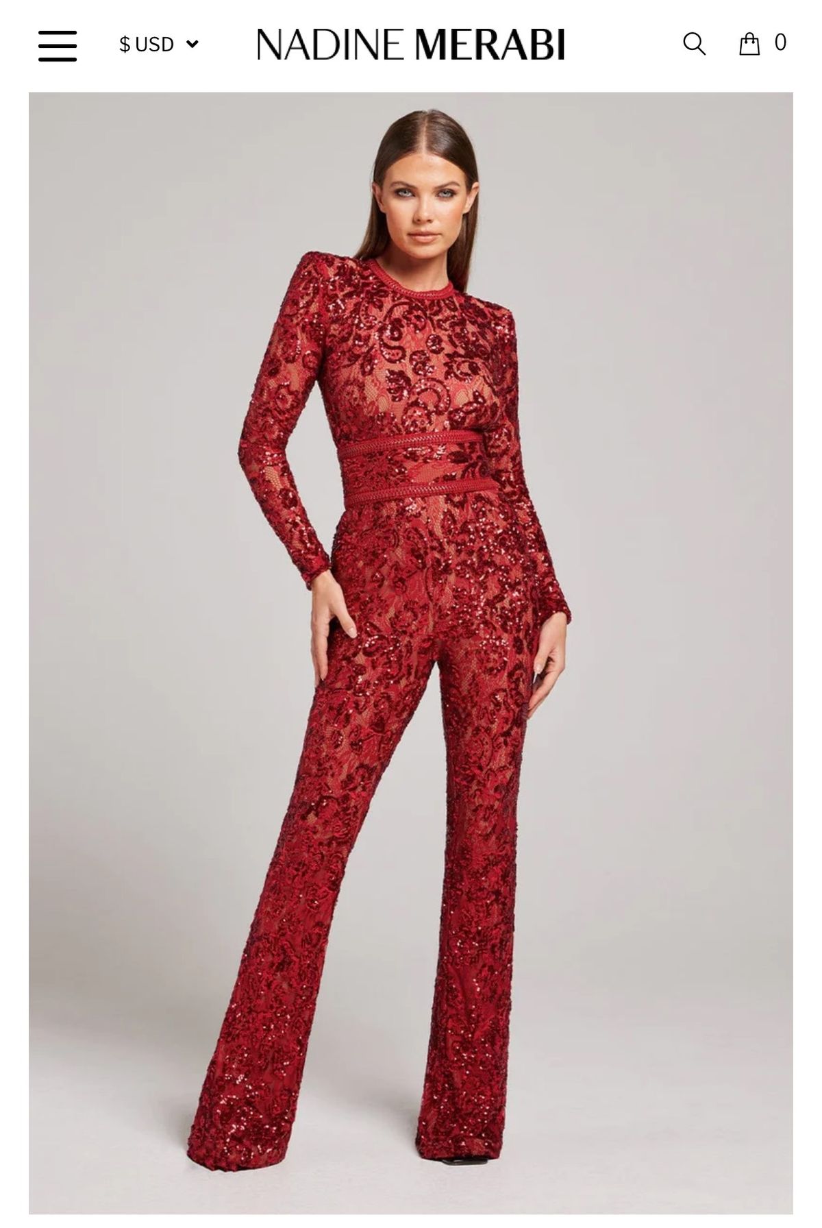 Size 6 Prom Long Sleeve Sequined Red Formal Jumpsuit on Queenly