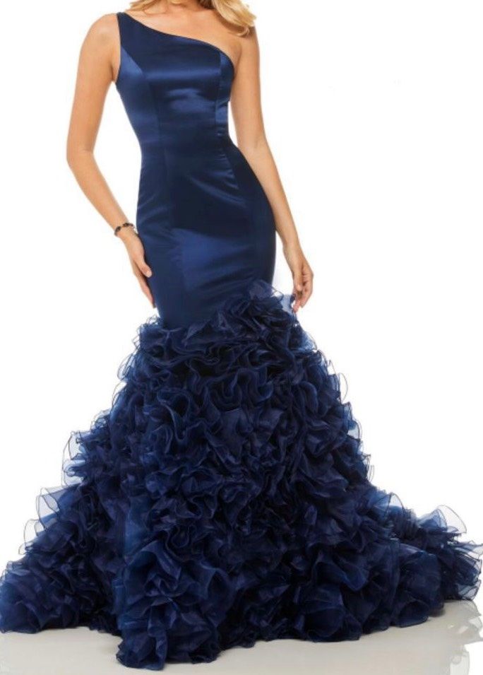 Sherri Hill Size 2 Prom One Shoulder Navy Blue Mermaid Dress on Queenly