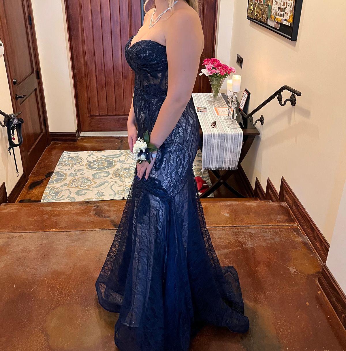 Style Mermaid with train Windsor Size 8 Prom Strapless Sheer Navy Blue Mermaid Dress on Queenly