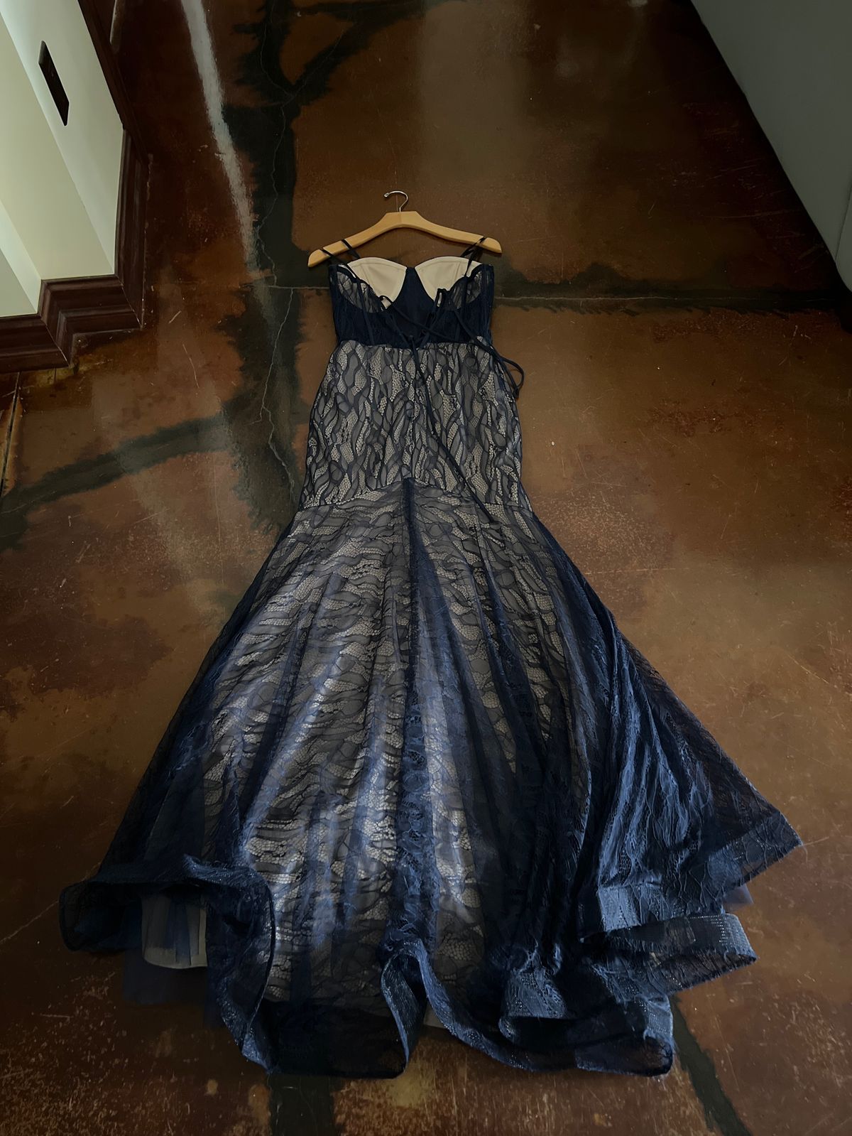 Style Mermaid with train Windsor Size 8 Prom Strapless Sheer Navy Blue Mermaid Dress on Queenly