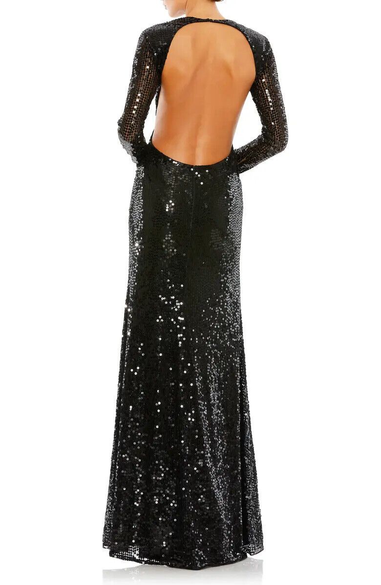 Mac Duggal Size 12 Prom Long Sleeve Sequined Black A-line Dress on Queenly