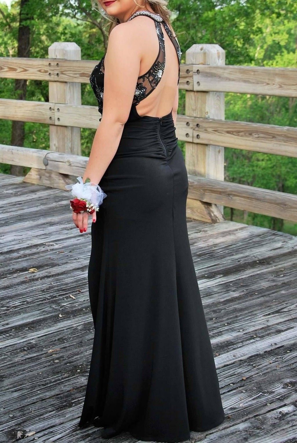 Size 6 Prom High Neck Sequined Black Side Slit Dress on Queenly