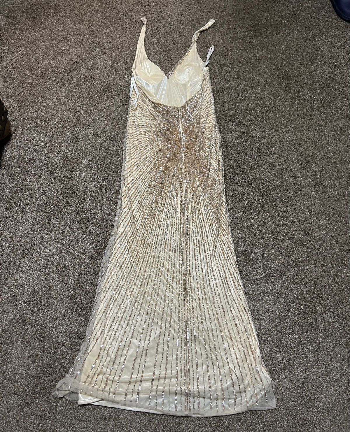 Plus Size 18 Prom Plunge Sheer Gold Floor Length Maxi on Queenly