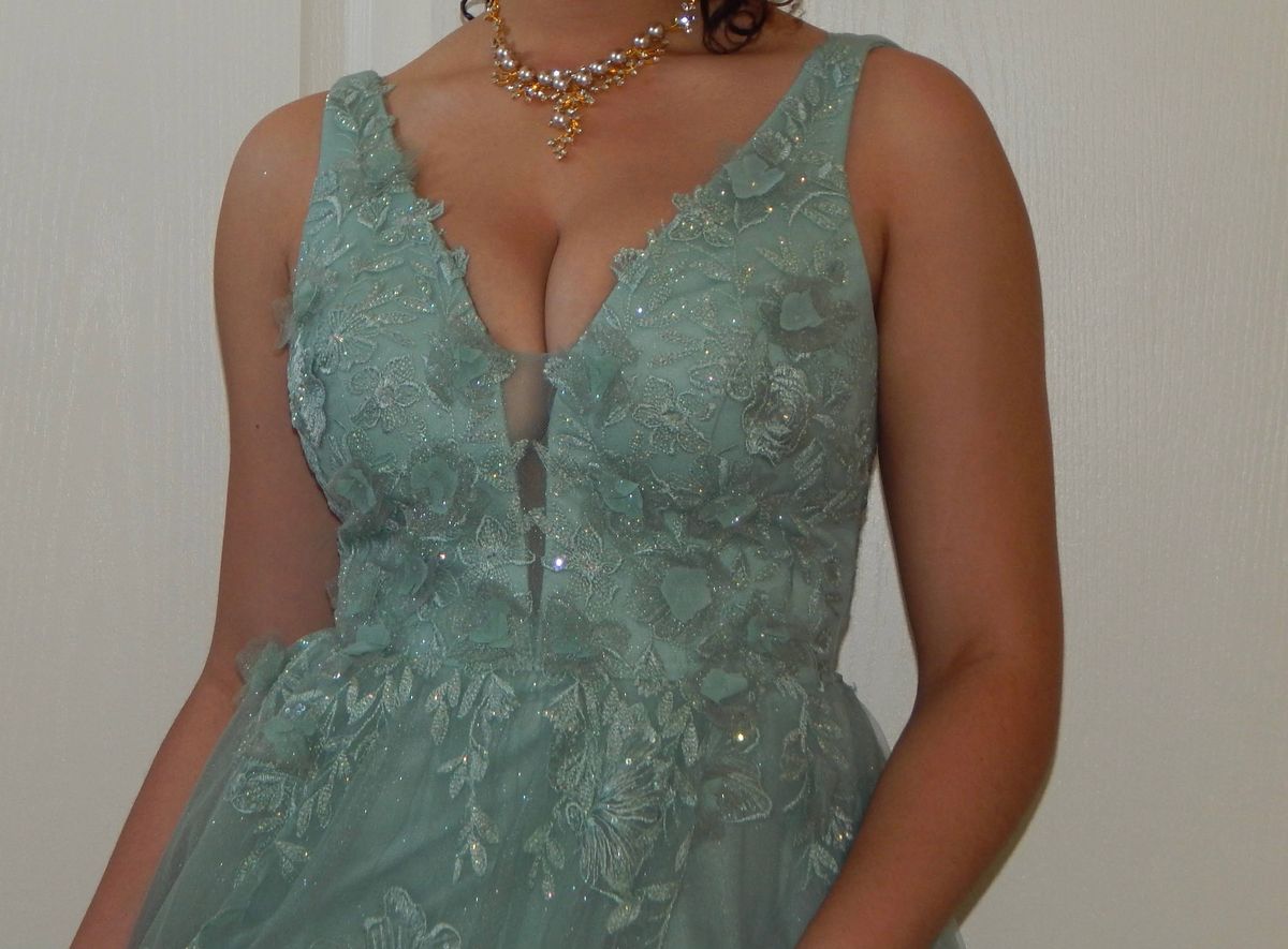 Ellie Wilde Size 6 Prom Plunge Lace Blue A-line Dress on Queenly