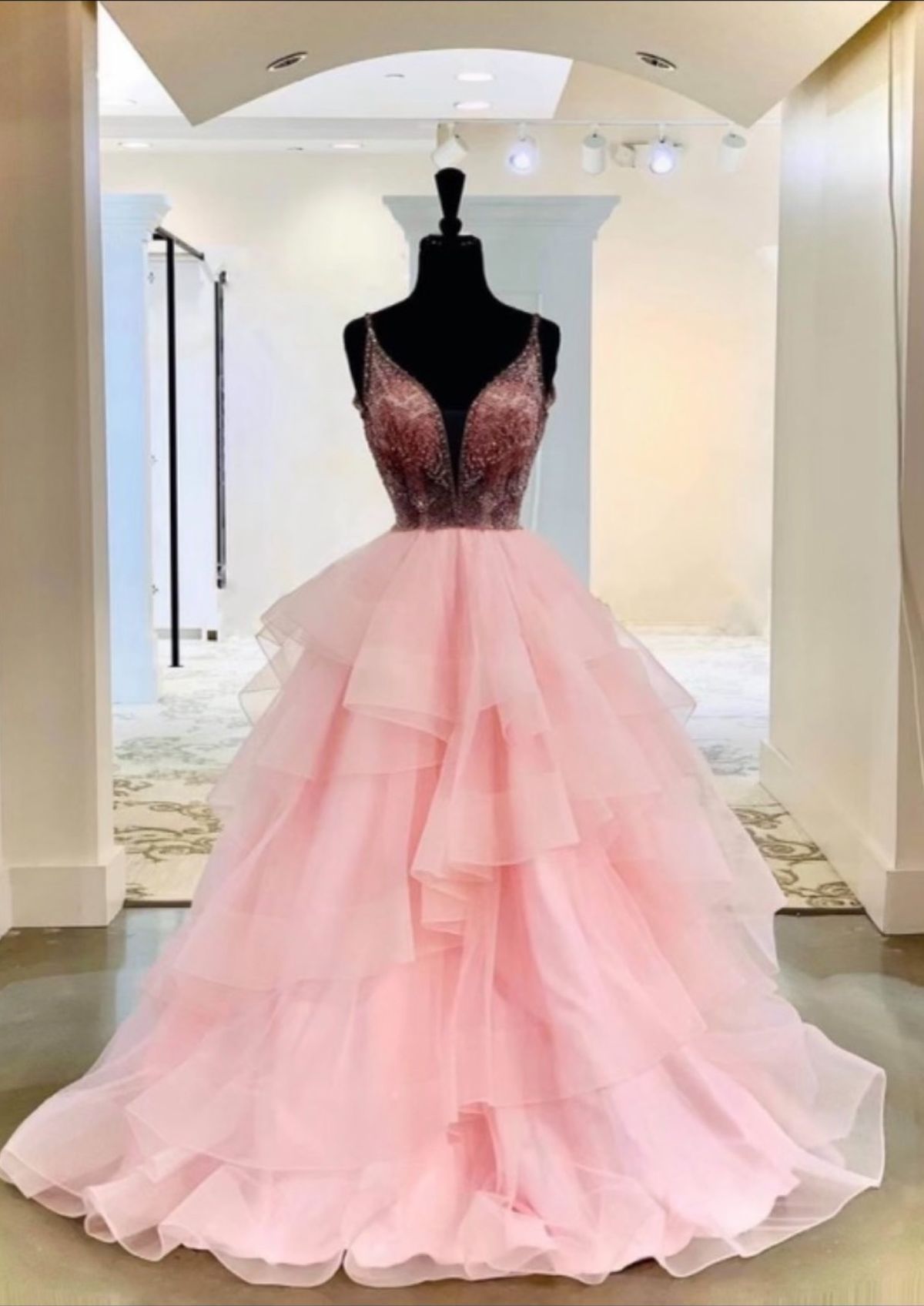 Size 4 Pageant Plunge Pink Ball Gown on Queenly