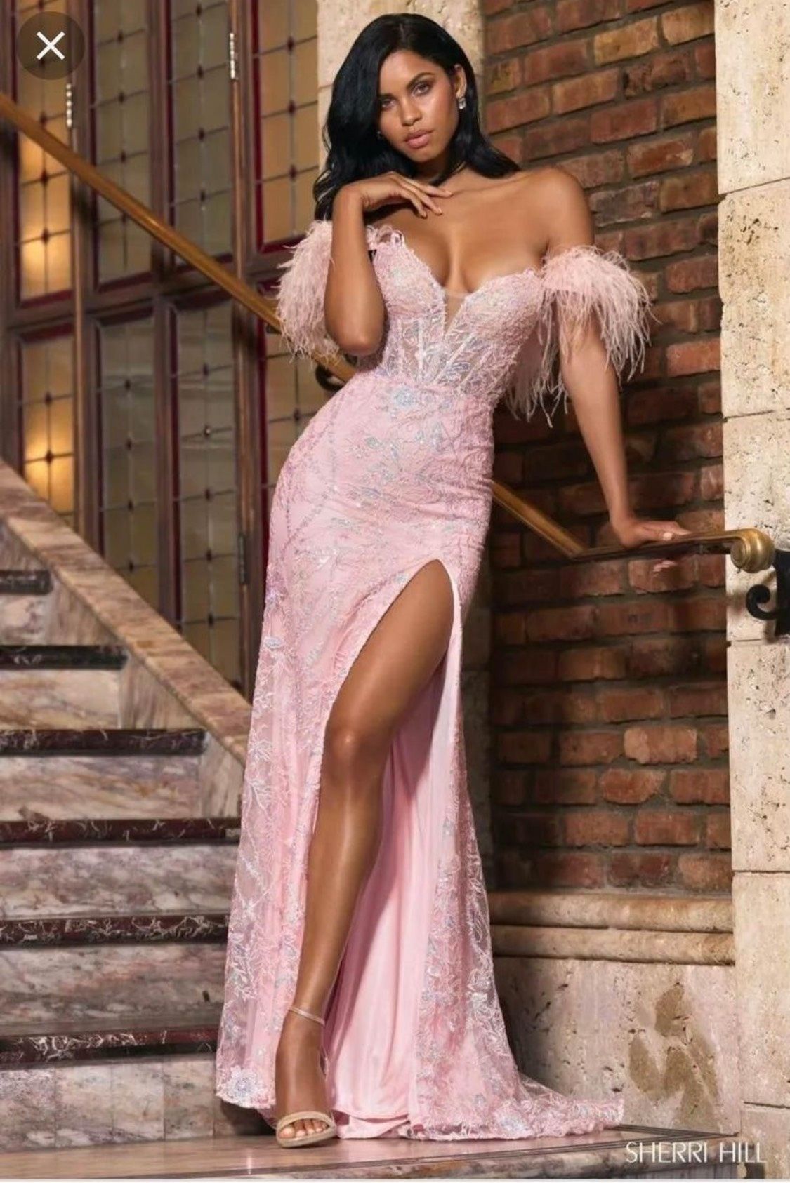 Style 55201 Sherri Hill Size 2 Prom Plunge Pink Side Slit Dress on Queenly