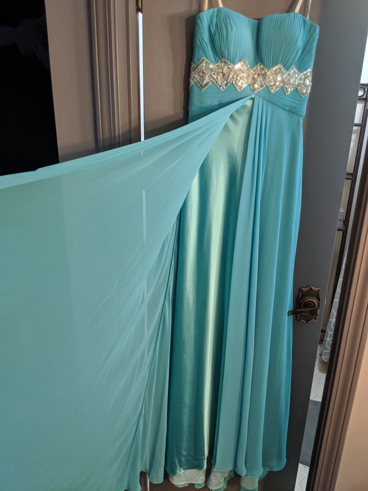 Jovani Size 8 Strapless Satin Blue A-line Dress on Queenly