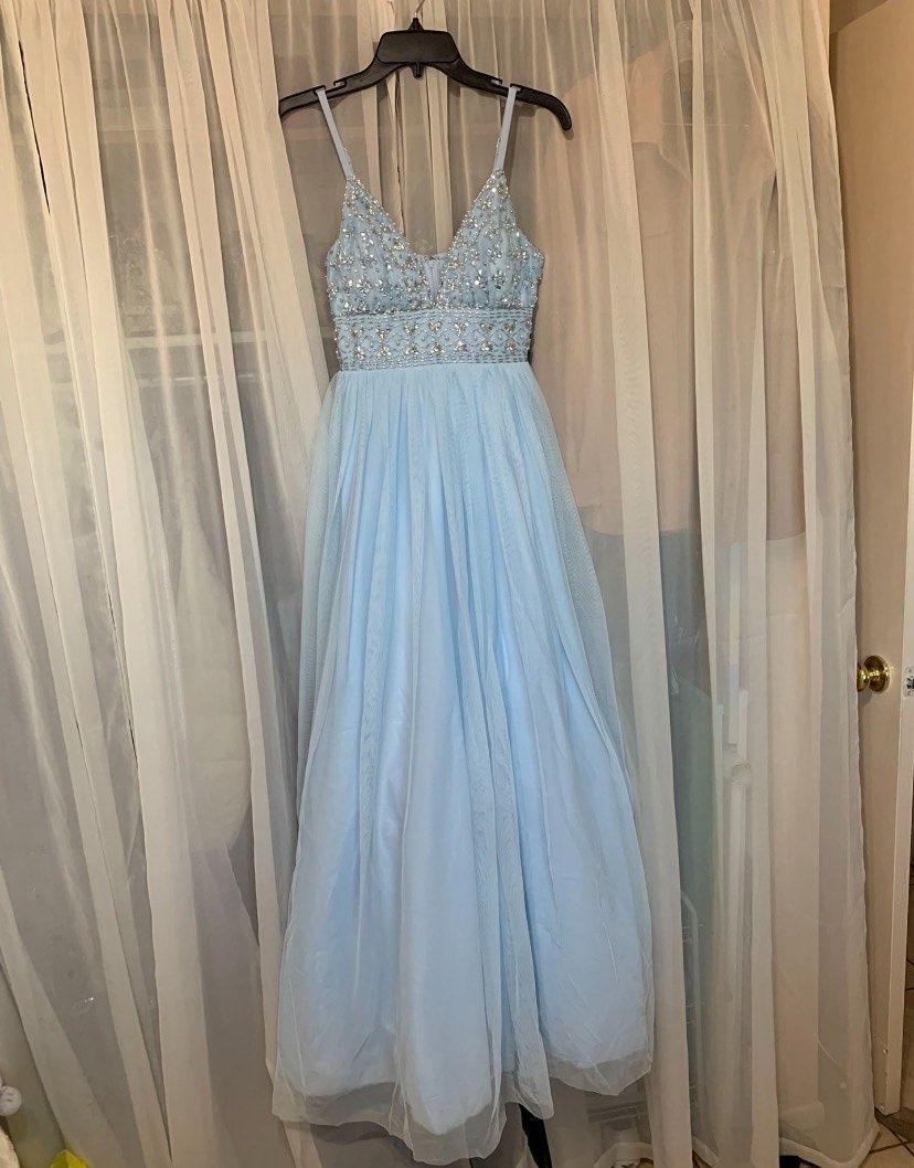 Girls Size 3 Prom Plunge Blue A-line Dress on Queenly