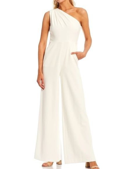 Style 20237973 Calvin Klein Size 14 One Shoulder White Formal Jumpsuit on Queenly