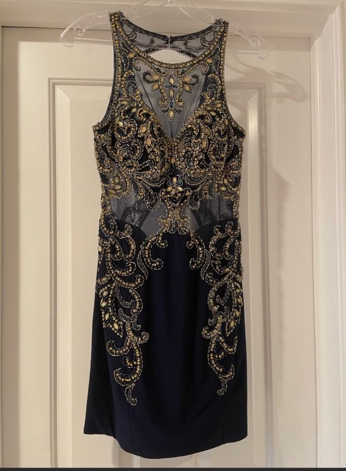 Style C360 Blush Prom Size 4 Homecoming Sequined Navy Blue Cocktail Dress on Queenly