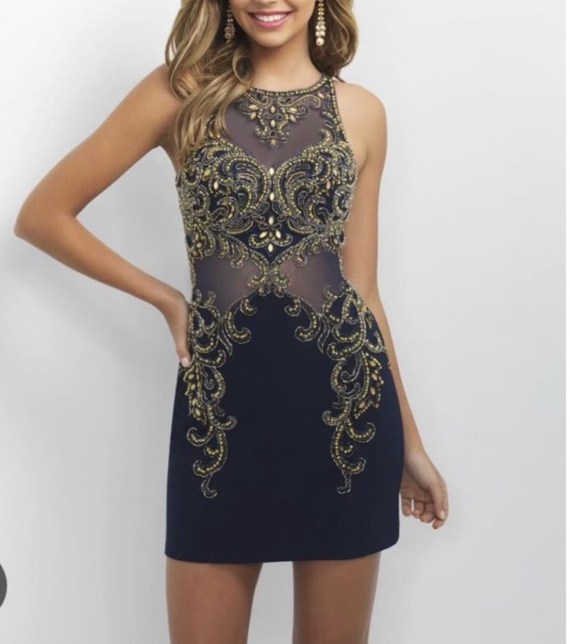 Style C360 Blush Prom Size 4 Homecoming Sequined Navy Blue Cocktail Dress on Queenly