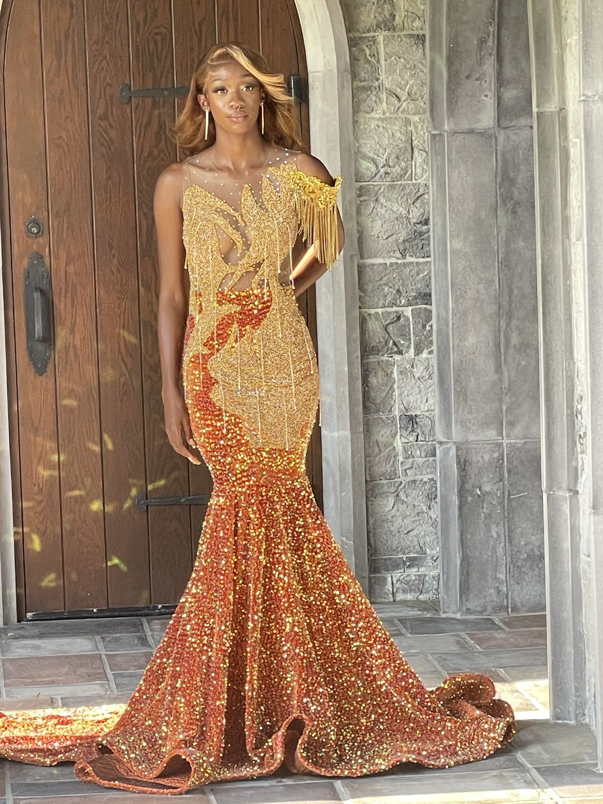 Classicroyalty  Size 4 Prom Sequined Orange Mermaid Dress on Queenly