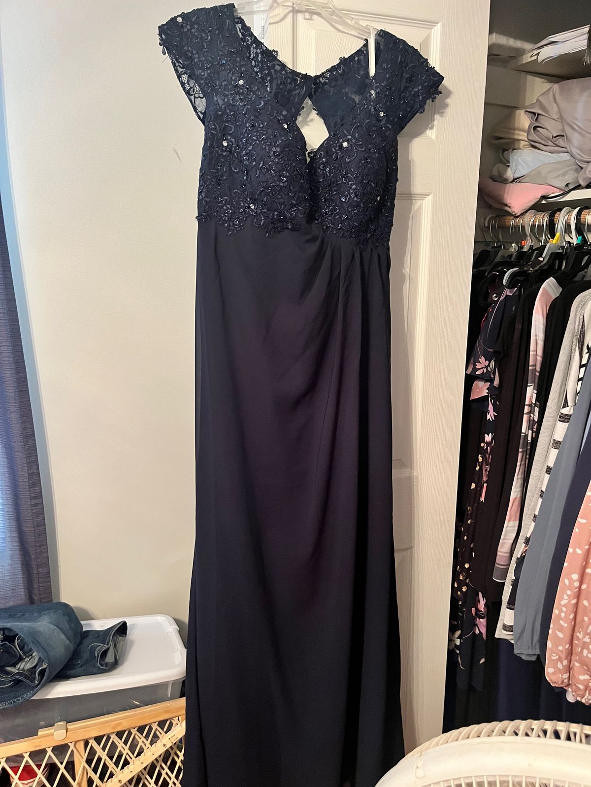 Plus Size 18 Prom Cap Sleeve Lace Navy Blue Floor Length Maxi on Queenly