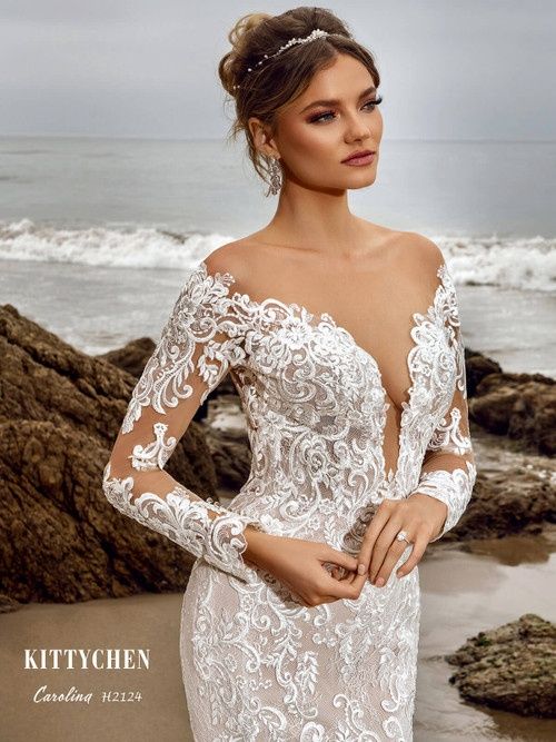 Style 2124 Kitty Chen Size 6 Wedding Long Sleeve Lace White Mermaid Dress on Queenly