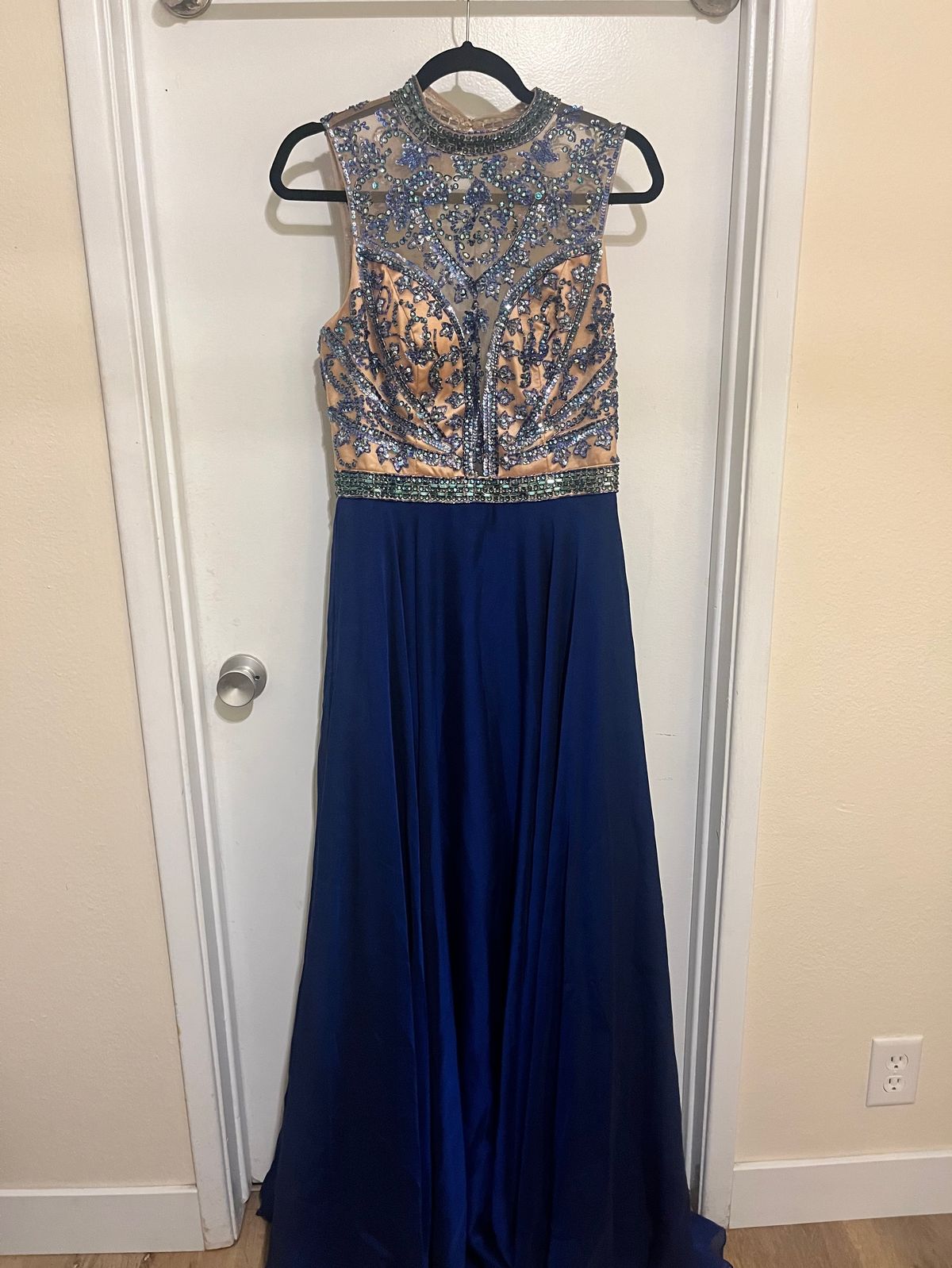 Sherri Hill Size 12 Prom High Neck Sequined Royal Blue A-line Dress on Queenly
